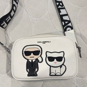 Karl Lagerfeld White Crossbody Bag with Black Strap and Cartoon Appliqués